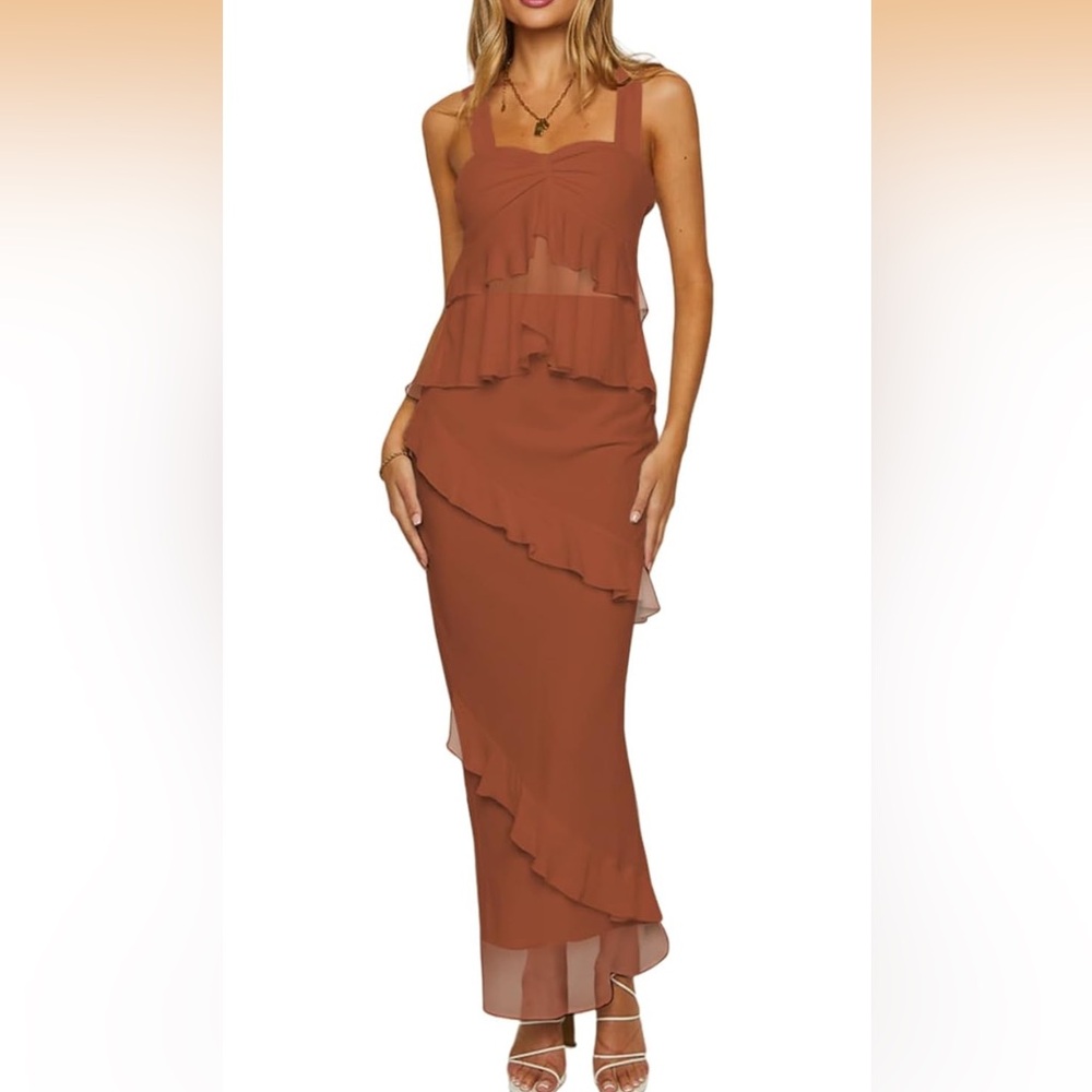 Elegant Rust Orange Ruffle top and maxi skirt set